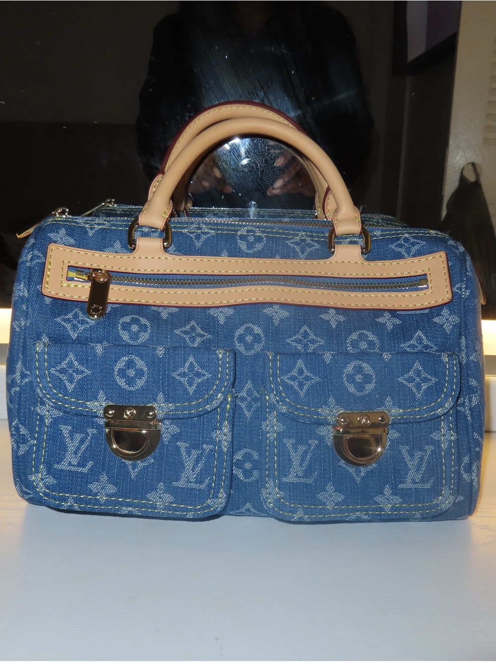 Louis Vuitton Blue Denim Monogram Satchel with Tan Leather Trim